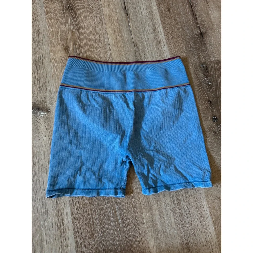 Free People FP Movement Biker Shorts Blue Ribbed Seamless‎ Striped Waistband M/L